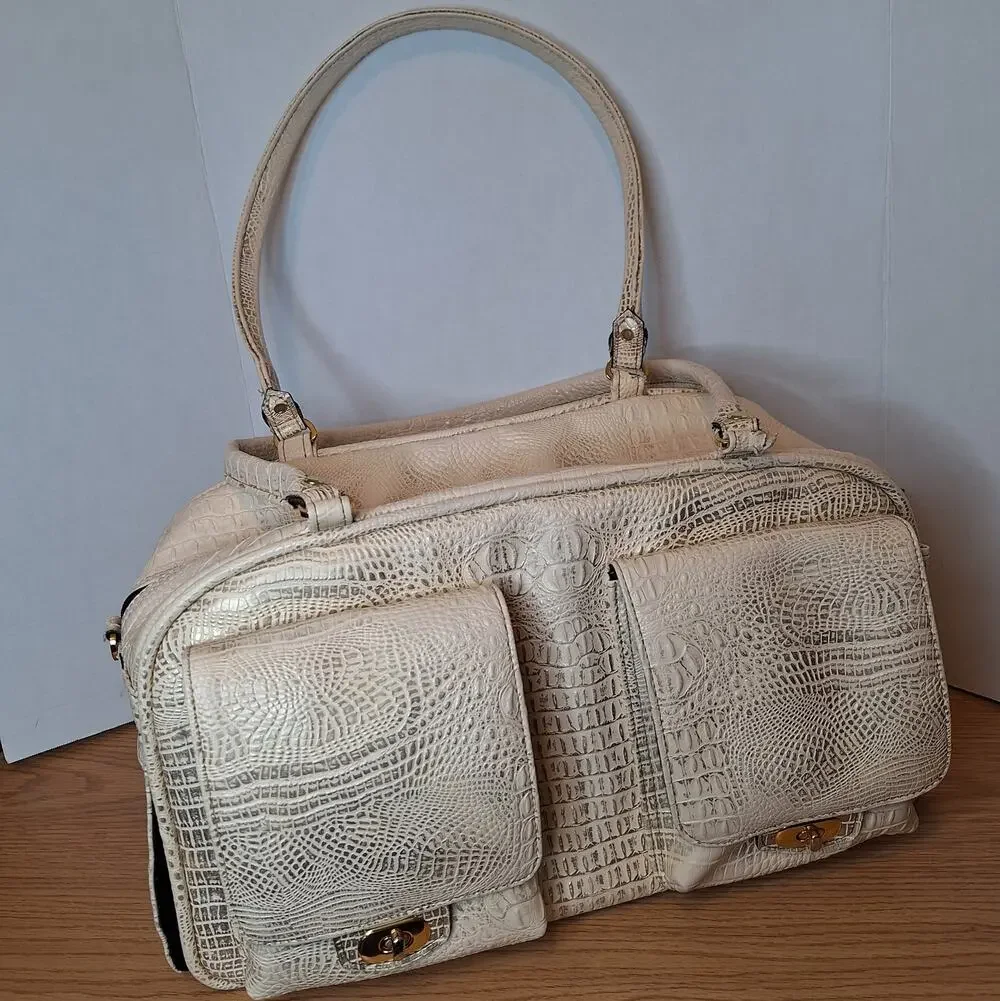 VTG Cream Croc Embossed Pet Carrier Tote Bag Small Dog Cat Mesh Windows Pockets